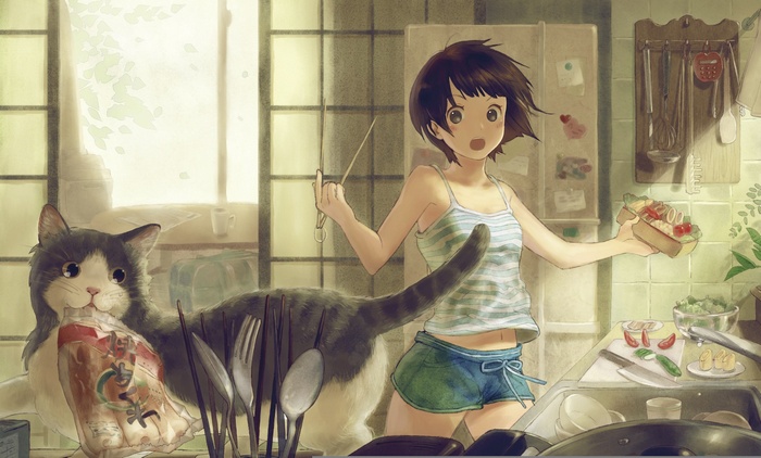 Anime girl and cat in a kitchen