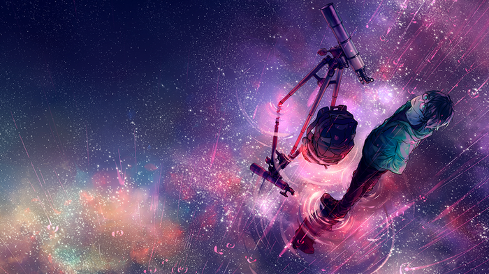 Anime girl with telescope in starry sky