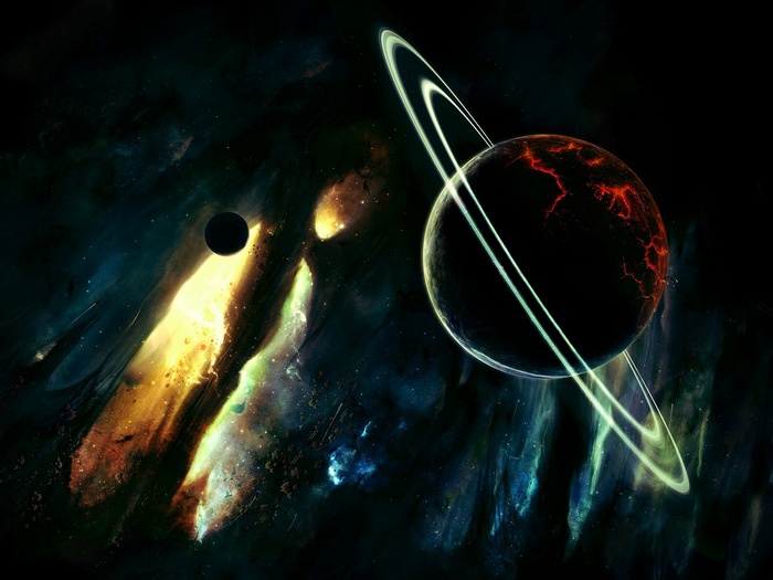 Space art of a ringed planet and a moon