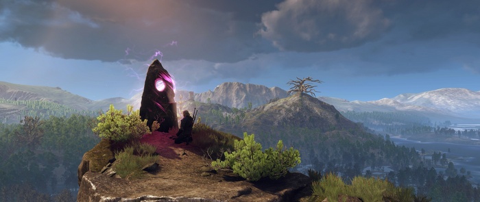 The Witcher 3: Wild Hunt - A lone figure at a magical monolith