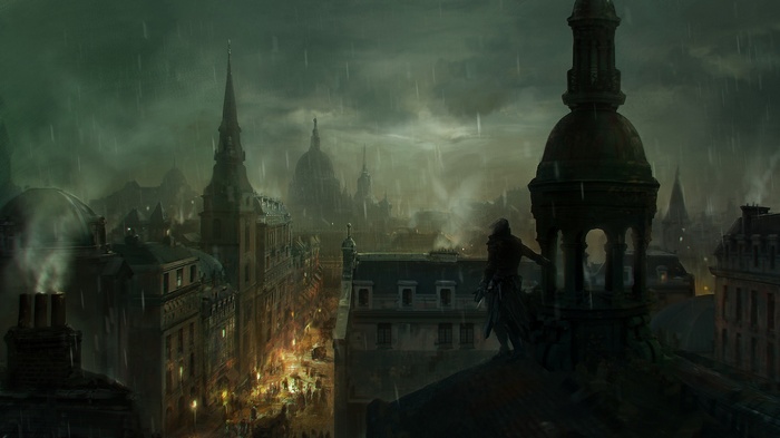 Assassin's Creed Syndicate concept art of a city in rain