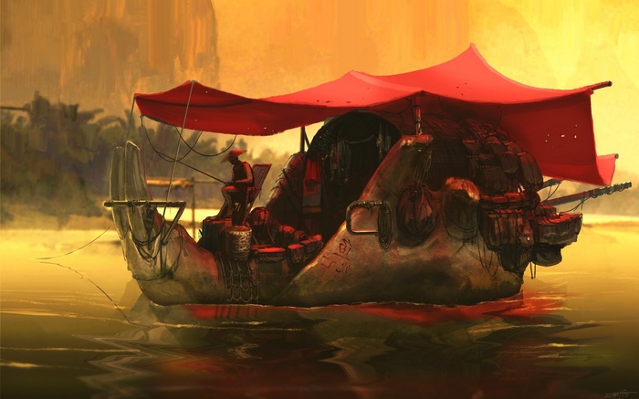 Fantasy boat with a red canopy on a river