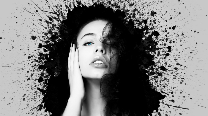 paint splatter, gray, hand on face, eyes, photo manipulation, selective coloring, women, blue eyes, looking at viewer, open mouth, lips, face