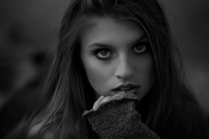 Monochrome closeup portrait of a woman
