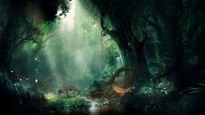 Deer in a mystical forest with butterflies