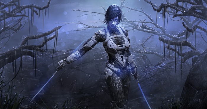 Female warrior with energy swords in a dark forest