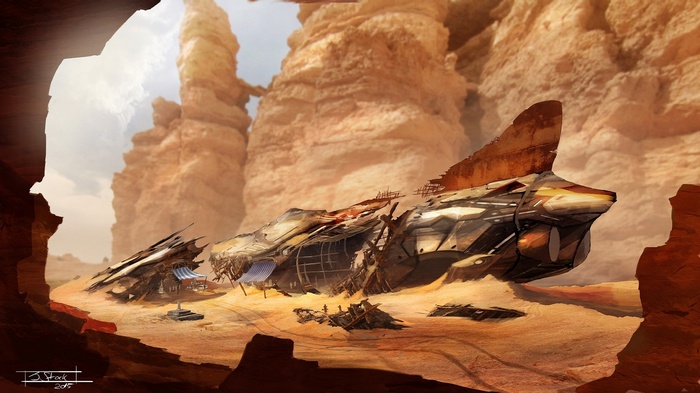 Abandoned aircraft wreck in a desert canyon