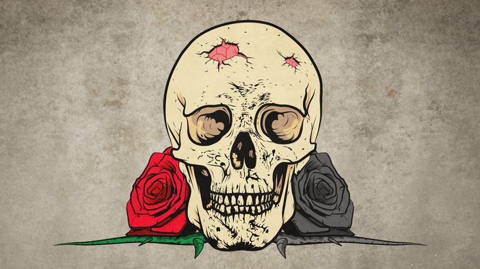 Skull with red and black roses and thorns