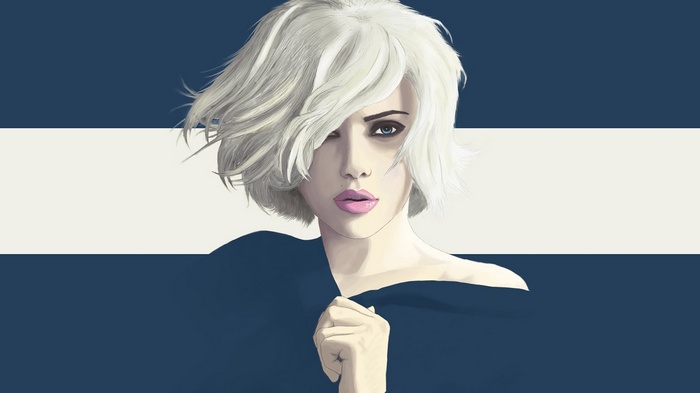 Scarlett Johansson with white hair and blue background