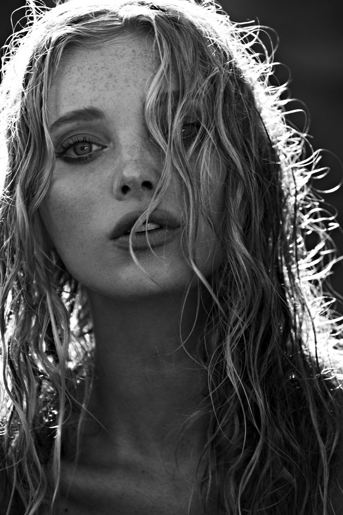 Elsa Hosk with wet blonde hair and freckles
