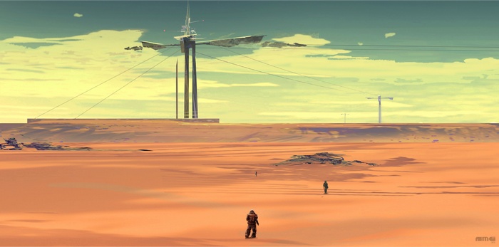 Science fiction desert landscape with futuristic structures