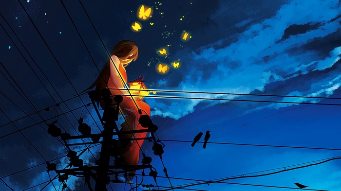 Girl on utility pole with glowing butterflies