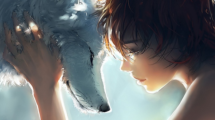 Girl and wolf in soft light