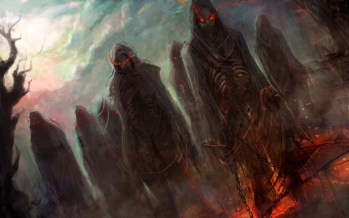 Four grim reapers with glowing red eyes in a dark fantasy landscape