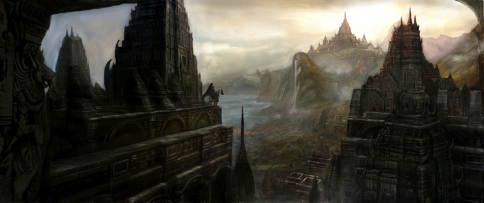Fantasy city landscape with ancient architecture and waterfalls
