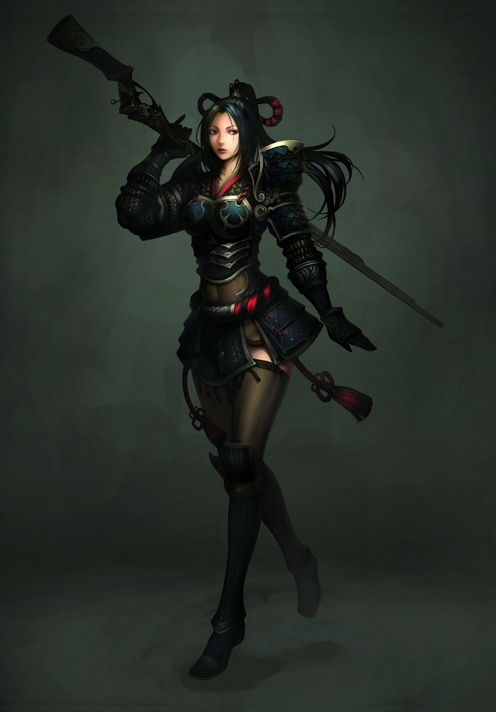 Female warrior with rifle and sword from Atlantica Online