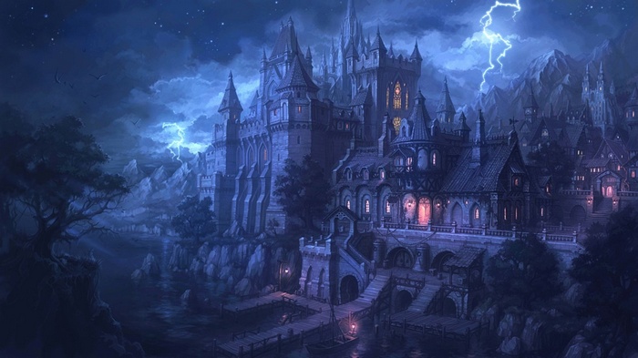 Gothic Castle on a Rocky Shore During a Lightning Storm