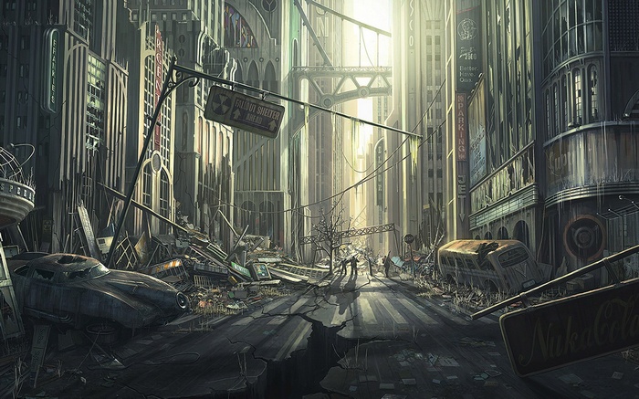 Post-apocalyptic city street with Fallout Shelter sign