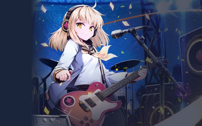 Girl playing electric guitar with headphones and microphone