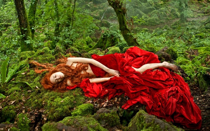 dirty feet, plants, bare shoulders, model, 2015, forest, wavy hair, long hair, green, rock, sleeping, closed eyes, women outdoors, leaves, redhead, women, red dress, fantasy girl, nature, moss, Tale of Tales, barefoot, movies