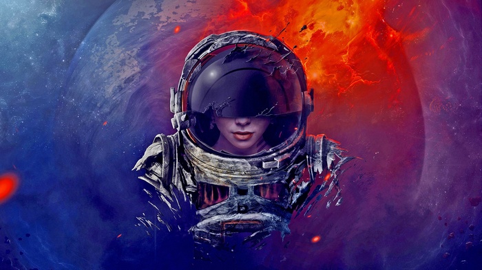 Astronaut in space with melting helmet and fiery nebula