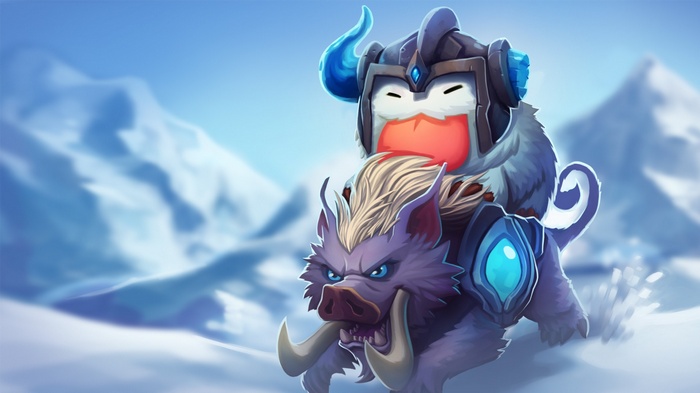 Sejuani riding a boar with a Poro on her head