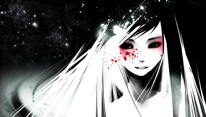 Anime girl with red eyes and black hair