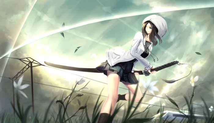 Anime girl with a sword in a field