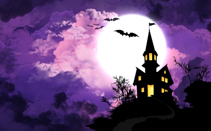 Halloween haunted house with bats and full moon