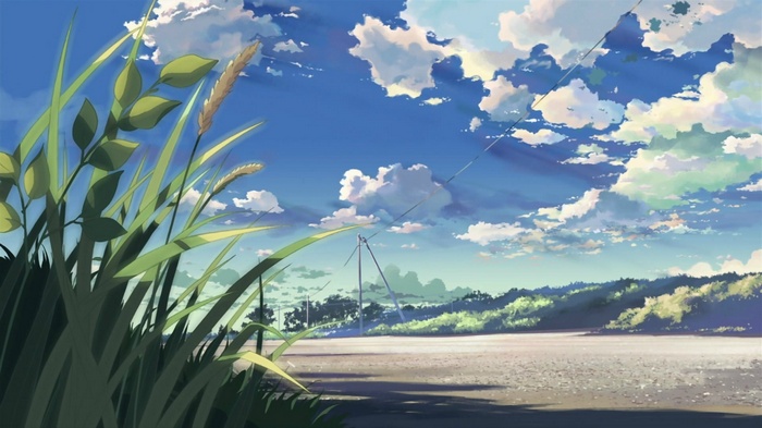 Anime landscape with reeds and clouds