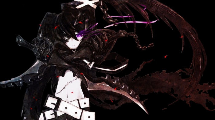 Black Rock Shooter with purple eyes and black outfit
