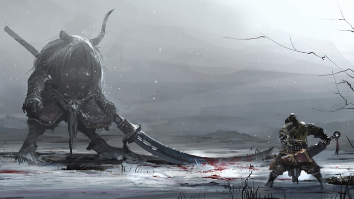 Giant monster fights a warrior in a snowy landscape