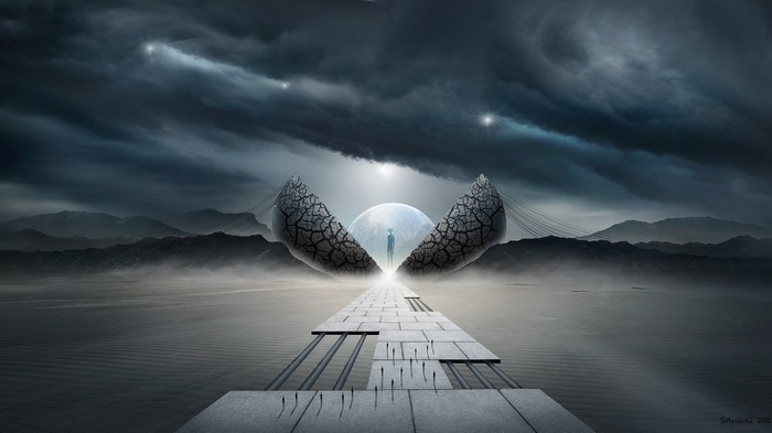 Surreal concept art of a figure standing before a giant cracked sphere