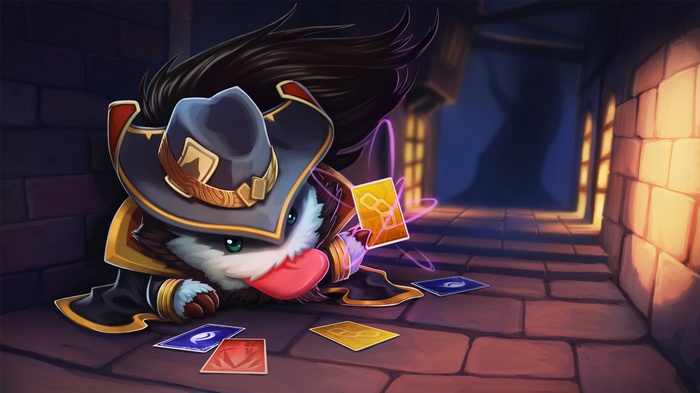 Twisted Fate playing cards in a dark alley