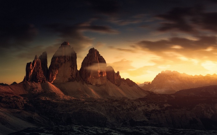 Tre Cime di Lavaredo at sunset in the Alps