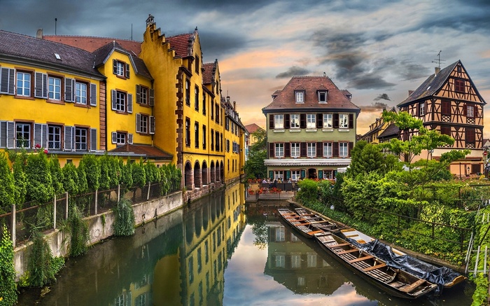 landscape, architecture, Europe, city, water, old building, trees, France, reflection, Colmar, building, canal, boat