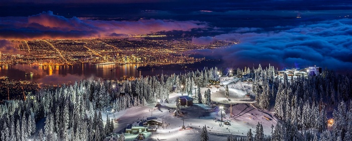 Vancouver cityscape and ski resort at night