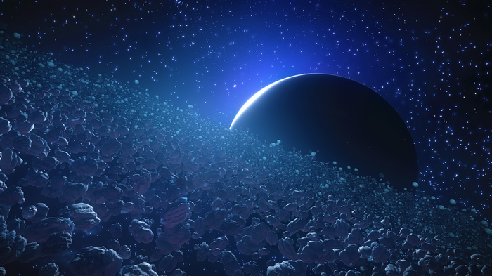 Elite: Dangerous planet with asteroid ring and stars