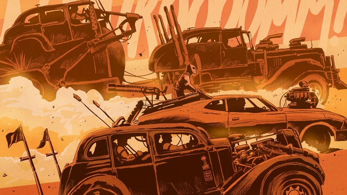 Mad Max: Fury Road artwork of vehicles in a desert