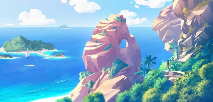 Digital art of a tropical island with a sailboat
