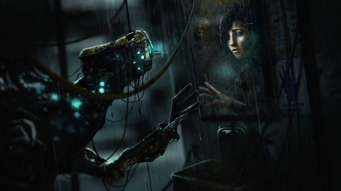 Robot and woman in a rainy, dark environment