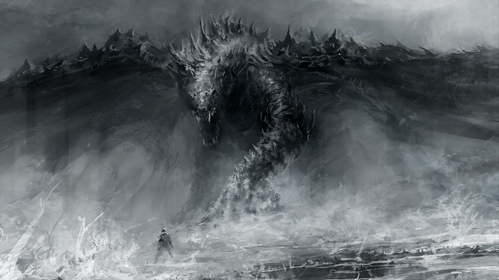 A warrior faces a colossal dragon in a monochrome fantasy landscape