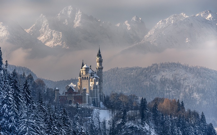 Neuschwanstein Castle in the Bavarian Alps during winter