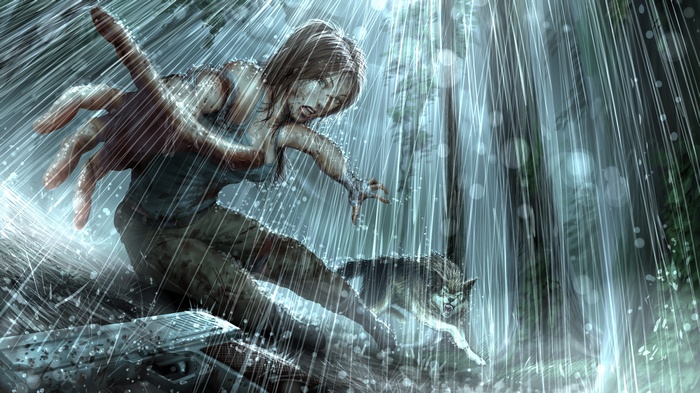 Lara Croft in a forest during a rainstorm