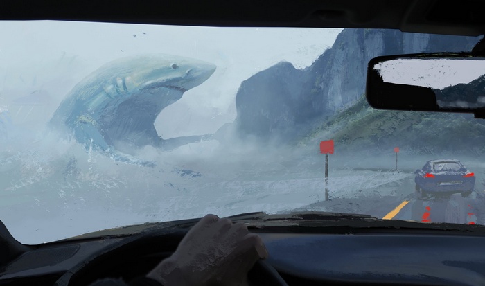 Giant shark emerges from water near road