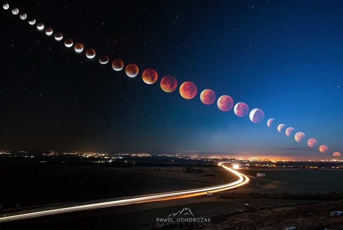 Time-lapse of a Blood Moon over a highway