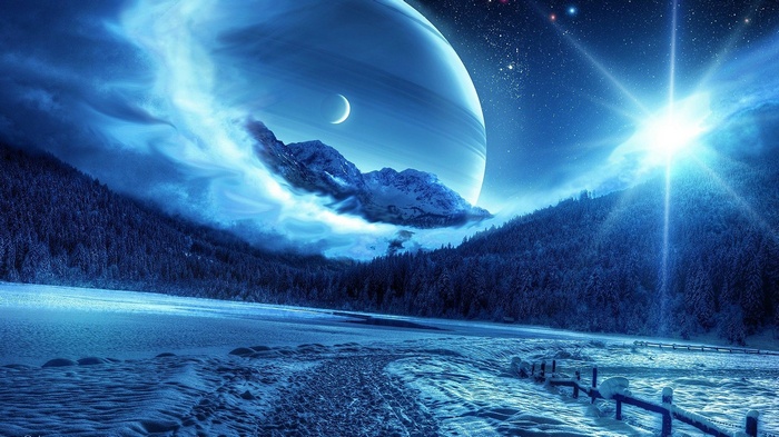 mist, stars, Moon, path, fence, starry night, photo manipulation, night, nature, snow, planet, landscape, forest, pine trees