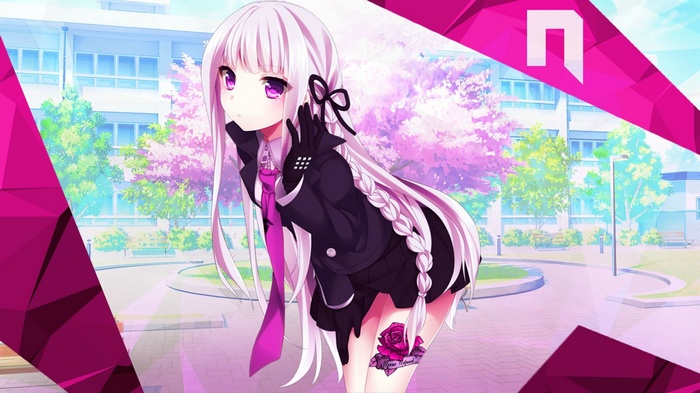 Kyoko Kirigiri from Danganronpa in front of a school