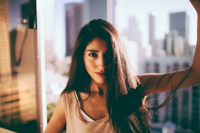 Portrait of a woman with long dark hair