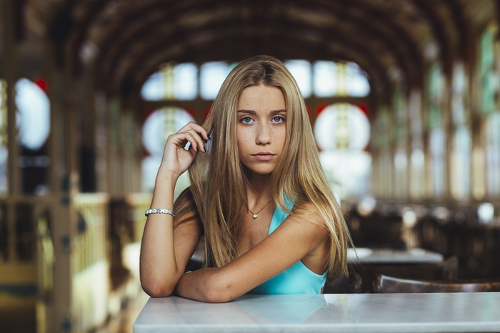 Portrait of a blonde woman with blue eyes